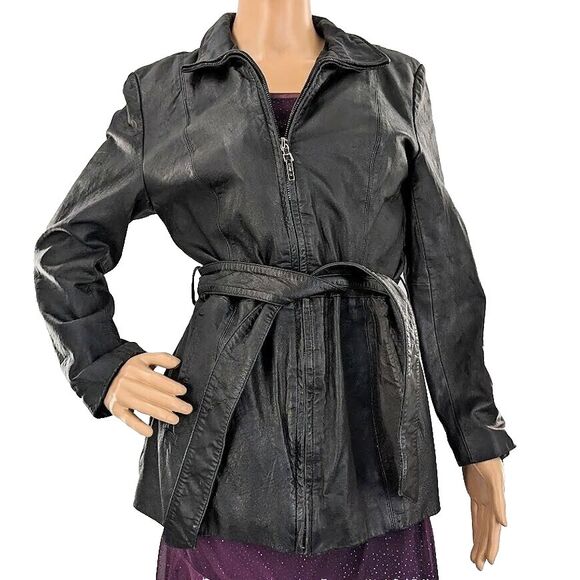 Vintage 90s Colebrook Leather Jacket Waist Tie Collar Black Size Petite M - Picture 1 of 13